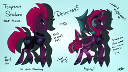 Size: 1024x576 | Tagged: safe, artist:wolfinamiyuki, tempest shadow, alicorn, bat pony, bat pony alicorn, pony, unicorn, my little pony: the movie, alicornified, alternate hairstyle, armor, bat wings, broken horn, duality, eye scar, female, floral head wreath, flower, mare, princess, race swap, redemption, redesign, scar, smiling, solo, tempest shadow is not amused, tempesticorn, unamused