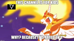 Size: 889x500 | Tagged: safe, derpibooru import, edit, edited screencap, screencap, daybreaker, alicorn, a royal problem, dialogue, discovery family logo, female, image macro, mare, meme, pun, solo, text, tv rating, tv-y