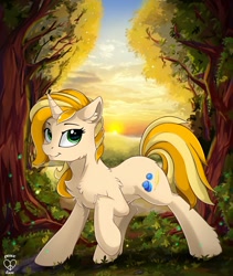 Size: 970x1148 | Tagged: safe, artist:z-y-c, derpibooru import, oc, oc only, pony, unicorn, female, forest, looking at you, mare, raised hoof, scenery, solo, style emulation, sunset, tree