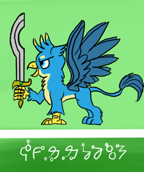 Size: 430x512 | Tagged: safe, artist:horsesplease, derpibooru import, gallus, griffon, ceylon, conlang, constructed language, heraldry, khopesh, male, paint tool sai, sarmelonid, solo, south asia, sri lanka, sword, vozonid, weapon