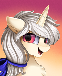 Size: 1446x1764 | Tagged: safe, artist:pridark, derpibooru import, oc, oc only, oc:cerion reinhart, pony, unicorn, bust, female, gradient background, mare, portrait, solo