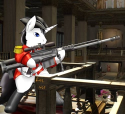 Size: 960x876 | Tagged: safe, artist:erict, derpibooru import, oc, oc:schwarz, pony, unicorn, barrett, bottomless, clothes, gun, hat, hooves, horn, male, optical sight, partial nudity, redcoat, rifle, sniper rifle, solo, stallion, weapon