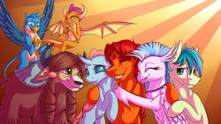 Size: 1024x576 | Tagged: safe, artist:klarapl, derpibooru import, gallus, ocellus, sandbar, silverstream, smolder, yona, oc, oc:goldenfox, changedling, changeling, classical hippogriff, dragon, earth pony, griffon, hippogriff, pony, unicorn, yak, abstract background, cloven hooves, commission, cuddling, cute, diaocelles, diastreamies, disgusted, dragoness, female, flying, gallabetes, hug, jewelry, male, necklace, pleased, sandabetes, smiling, smolderbetes, student six, sunburst background, teenager, wince, yonadorable