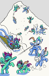 Size: 6600x10200 | Tagged: safe, artist:lytlethelemur, derpibooru import, oc, oc only, oc:gimbal lock, oc:rally point, pony, comic:fly with me, absurd resolution, comic, cute, female, filly, flying, littlepartycomics, mountain, roleplaying is magic, sibling bonding, sledding, snow, snowball fight, snowpony