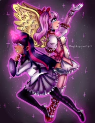 Size: 2975x3850 | Tagged: safe, artist:mylittleyuri, derpibooru import, fluttershy, twilight sparkle, human, clothes, cosplay, costume, crossover, crying, dark background, digital art, female, glowing horn, homura akemi, horned humanization, humanized, lesbian, madoka kaname, magical girl, puella magi madoka magica, shipping, twishy, winged humanization, wings