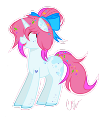 Size: 1024x1209 | Tagged: safe, artist:chococakebabe, derpibooru import, oc, oc:bubble twist, pony, unicorn, bow, female, hair bow, happy, mare, simple background, solo, transparent background