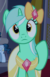 Size: 509x787 | Tagged: safe, derpibooru import, screencap, lyra heartstrings, pony, unicorn, make new friends but keep discord, bow, clothes, cropped, dress, solo