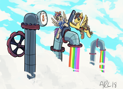 Size: 11895x8586 | Tagged: safe, artist:lytlethelemur, derpibooru import, oc, oc only, oc:swift storm, pegasus, pony, absurd resolution, cloud, cloudsdale, liquid rainbow, pipes, thank you message