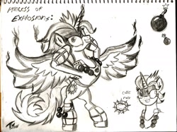 Size: 2234x1674 | Tagged: safe, artist:brekrofmadness, derpibooru import, idw, oc, oc only, alicorn, spoiler:comic68, fire, monochrome, princess of explosions, solo, traditional art