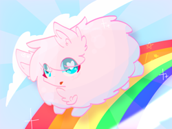 Size: 900x675 | Tagged: safe, artist:jisuppe, derpibooru import, oc, oc:fluffle puff, pony, chibi, heart eyes, pink fluffy unicorns dancing on rainbows, rainbow, solo, wingding eyes