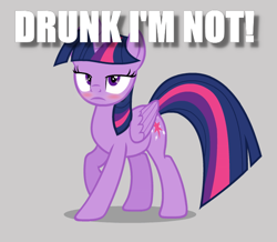 Size: 616x536 | Tagged: safe, twilight sparkle, twilight sparkle (alicorn), alicorn, pony, blatant lies, blushing, denial, drunk, drunk twilight, gray background, image macro, meme, simple background, solo, telling lies, yoda