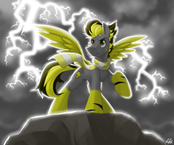 Size: 1742x1458 | Tagged: safe, artist:bcpony, derpibooru import, oc, oc only, oc:thunder, pegasus, pony, cliff, clothes, cloud, commission, dark clouds, male, raised hoof, scarf, solo, stallion