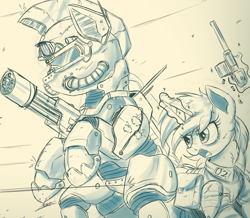 Size: 2000x1743 | Tagged: safe, artist:ncmares, oc, oc only, oc:littlepip, oc:steelhooves, earth pony, pony, unicorn, fallout equestria, applejack's rangers, armor, clothes, commission, duo, fanfic, fanfic art, female, glowing horn, gun, handgun, hooves, horn, levitation, little macintosh, machine gun, magic, male, mare, monochrome, neck fluff, open mouth, optical sight, power armor, revolver, saddle bag, sketch, stallion, steel ranger, telekinesis, vault suit, weapon