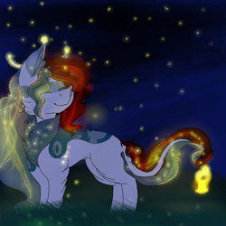 Size: 2560x2560 | Tagged: safe, artist:brokensilence, oc, oc only, oc:mira songheart, draconequus, firefly (insect), chest fluff, draconequified, horns, lantern, lights, night, species swap