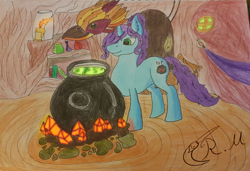 Size: 800x546 | Tagged: safe, artist:rainbowmoon27, derpibooru import, oc, oc only, oc:healing brew, unicorn, candle, cauldron, healer's mask, mask, potion making, solo, traditional art