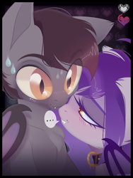 Size: 3000x4000 | Tagged: safe, artist:zombie, derpibooru import, oc, oc:beau whisper, oc:belle nuit, bat pony, pony, ..., bat pony oc, beauit, bedroom eyes, big eyes, collar, dialogue, fangs, female, male, oc x oc, shipping, slit eyes, straight, sweat