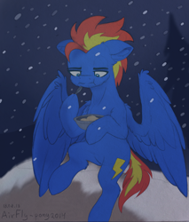 Size: 1862x2183 | Tagged: safe, artist:airfly-pony, derpibooru exclusive, derpibooru import, oc, oc only, oc:wing hurricane, pegasus, pony, cute, eating, kasha, large wings, male, mountain, rcf community, sad, snow, snowfall, solo, spoon, wings