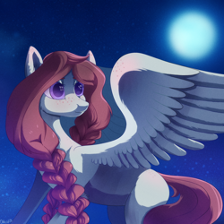 Size: 2000x2000 | Tagged: safe, artist:ottcat23, derpibooru import, oc, oc only, pegasus, pony, art trade, blank flank, braid, female, freckles, lidded eyes, mare, moon, night, smiling, solo, spread wings, stars, wings