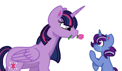Size: 743x438 | Tagged: safe, artist:summersketch-mlp, derpibooru import, twilight sparkle, twilight sparkle (alicorn), oc, oc:dusk star, alicorn, unicorn, base used, crying, female, flower, kindverse, looking at each other, male, mother and child, mother and son, parent and child, parent:silver script, parent:twilight sparkle, parents:twiscript, simple background, transparent background