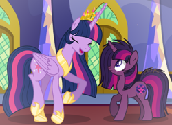 Size: 1024x746 | Tagged: safe, artist:xxmaikhanhflarexx, derpibooru import, twilight sparkle, twilight sparkle (alicorn), oc, oc:midnight star, alicorn, pony, base used, duo, female, irrational exuberance, magical lesbian spawn, mare, mother and child, mother and daughter, offspring, older, parent and child, parent:tempest shadow, parent:twilight sparkle, parents:tempestlight, smiling, ultimate twilight