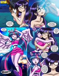 Size: 2544x3280 | Tagged: safe, artist:zorro-zero, derpibooru import, twilight sparkle, twilight sparkle (alicorn), oc, oc:jenny rowell, alicorn, horse, human, comic:breaking point, equestria girls, :o, blushing, bojack horseman, breasts, cleavage, comic, dialogue, eyes closed, fall formal outfits, flying, frown, happy, hug, human oc, humanized, looking up, midriff, night, open mouth, petting, ponied up, scary shiny glasses, smiling, speech bubble, spread wings, surprised, wings