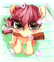 Size: 831x960 | Tagged: artist needed, safe, roseluck, pony, brush, comb, cute, fluffy, soap bubble