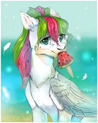 Size: 3200x4000 | Tagged: safe, artist:miltaair111, derpibooru import, oc, oc only, oc:watermelana, beach, feather, food, freckles, ice cream, looking at you, ocean, popsicle, sand, sitting, solo, watermelon