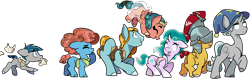 Size: 9000x3000 | Tagged: safe, artist:heyerika, derpibooru import, flash magnus, meadowbrook, mistmane, rockhoof, somnambula, star swirl the bearded, stygian, earth pony, pegasus, pony, unicorn, shadow play, armor, colored hooves, colt, female, filly, flying, hat, helmet, male, mouth hold, pillars of equestria, simple background, transparent background, younger