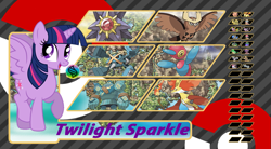 Size: 951x526 | Tagged: safe, artist:alphamonouryuuken, twilight sparkle, twilight sparkle (alicorn), alicorn, pony, crossover, delphox, noctowl, pokémon, porygon-z, starmie, trainer card