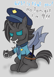Size: 1191x1684 | Tagged: safe, artist:kacpi, derpibooru import, oc, oc:625, changeling, changeling oc, clothes, police, police uniform, solo, text