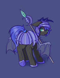 Size: 2600x3400 | Tagged: safe, artist:soulfulmirror, derpibooru import, oc, oc only, oc:nebula wings, bat pony, armor, bat pony oc, blue background, dock, fangs, female, helmet, high res, looking at you, looking back, night guard, raised tail, simple background, smiling, smirk, solo, spear, tail, tail aside, tail wrap, weapon, wings