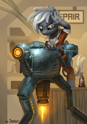 Size: 1400x2000 | Tagged: safe, artist:jedayskayvoker, derpibooru import, oc, oc only, oc:artemis, hippogriff, hybrid, robot, fallout equestria, clothes, female, jumpsuit, mister handy, nuka cola, repair, repair bay, repairing, solo, wrench