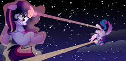 Size: 2584x1257 | Tagged: safe, artist:moon-rose-rosie, derpibooru import, princess flurry heart, oc, oc:celestial aurora, pony, levitation, magic, magic blast, night, older, self-levitation, telekinesis