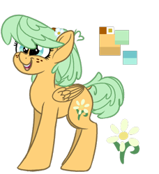 Size: 1016x1112 | Tagged: safe, artist:binkyt11, derpibooru exclusive, derpibooru import, oc, oc only, oc:daphne, pegasus, pony, cutie mark, female, flower, freckles, headband, mare, reference sheet, simple background, smiling, solo, transparent background