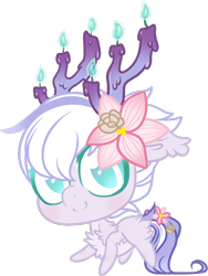 Size: 474x631 | Tagged: safe, artist:sweethearttarot, derpibooru import, lily, lily valley, oc, oc only, oc:sunchart, base used, blushing, candle, chibi, commission, fire, flower, fluffy, scented pony, simple background, solo, transparent background