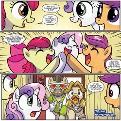 Size: 947x952 | Tagged: safe, artist:agnesgarbowska, derpibooru import, idw, apple bloom, colter sobchak, jeff letrotski, scootaloo, sweetie belle, pony, spoiler:comic, spoiler:comicponyvillemysteries1, cutie mark crusaders, female, filly, male, ponyville mysteries, stallion, to be continued