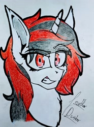 Size: 2287x3087 | Tagged: safe, artist:caduceus, artist:caduceusart, derpibooru import, oc, oc:blackjack, pony, unicorn, fallout equestria, fallout equestria: project horizons, angry, bust, traditional art