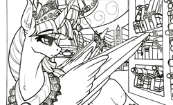 Size: 1280x776 | Tagged: safe, artist:nightmare-moons-throneroom, derpibooru import, twilight sparkle, twilight sparkle (alicorn), alicorn, pony, big crown thingy, black and white, clothes, element of magic, female, grayscale, horn jewelry, jewelry, library, looking over shoulder, mare, monochrome, necklace, older, older twilight, regalia, robe, solo