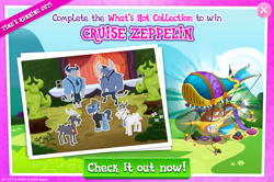 Size: 1520x1008 | Tagged: safe, derpibooru import, idw, iron will, well-to-do, earth pony, goat, minotaur, pony, once upon a zeppelin, advertisement, airship, collection, costs real money, game screencap, gameloft, idw showified, jargon, male, official, stallion, zeppelin