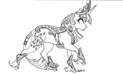 Size: 1280x776 | Tagged: safe, artist:nightmare-moons-throneroom, derpibooru import, twilight sparkle, unicorn twilight, classical unicorn, pony, unicorn, armor, big crown thingy, black and white, cloven hooves, cutie mark, element of magic, female, grayscale, jewelry, leonine tail, lineart, mare, monochrome, open mouth, regalia, solo, tail jewelry, unshorn fetlocks, walking