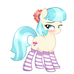 Size: 4000x4000 | Tagged: safe, artist:mikoneerd, derpibooru import, coco pommel, earth pony, pony, bedroom eyes, blushing, clothes, cocobetes, cute, female, mare, shy, simple background, socks, solo, striped socks, transparent background