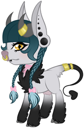 Size: 726x1100 | Tagged: safe, artist:sweethearttarot, derpibooru import, oc, oc only, oc:pan, cow, demon, demon pony, donkey, mule, succubus, bangs, black lipstick, bow, braid, choker, cloven hooves, cow nose, demon tail, donkey ears, ear piercing, fangs, fluffy, gauges, horns, lipstick, mascot, nose piercing, nose ring, piercing, ribbon, simple background, solo, transparent background, udder, unshorn fetlocks