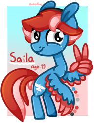 Size: 500x650 | Tagged: safe, artist:amberpone, oc, oc only, fish, pegasus, pony, big ears, blue, cutie mark, eyebrows, female, freckles, gray eyes, hat, lesbian, mane, mare, original character do not steal, original style, paint tool sai, painttoolsai, peace sign, pegasister, pink, red, simple background, smiling, standing, tail, transparent background, wing hands, wings