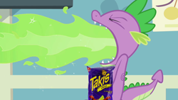 Size: 1280x720 | Tagged: safe, derpibooru import, edit, edited screencap, screencap, spike, dragon, secret of my excess, fire, fire breath, food, snack, snacks, spicy, takis