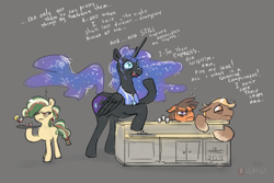 Size: 1000x667 | Tagged: safe, artist:bigrigs, derpibooru import, nightmare moon, alicorn, earth pony, pony, alcohol, annoyed, background pony, bags under eyes, bar, drunk, drunk bubbles, ethereal mane, female, gray background, male, mare, simple background, speech, stallion, starry mane, tray, waitress