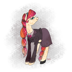 Size: 2000x2000 | Tagged: safe, artist:sourcherry, derpibooru import, oc, oc only, crystal pony, pony, fallout equestria, business suit, businessmare, clothes, crystal pony oc, female, glitter, jewelry, jewels, long mane, mare, shoes, simple background, solo