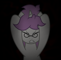 Size: 680x657 | Tagged: safe, artist:darkstorm619, derpibooru exclusive, derpibooru import, oc, oc only, oc:snappy edit, unicorn, black background, clenched teeth, dark background, darkness, female, glasses, holding head, pain, simple background, solo