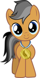 Size: 1401x2724 | Tagged: safe, artist:punzil504, quibble pants, earth pony, pony, colt, looking at you, male, medal, simple background, smiling, solo, transparent background, vector, younger