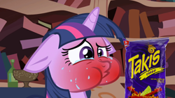 Size: 1280x720 | Tagged: safe, derpibooru import, edit, edited screencap, screencap, twilight sparkle, friendship is magic, floppy ears, food, golden oaks library, red face, snack, snacks, solo, spicy, takis