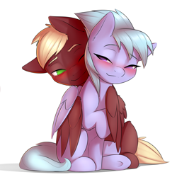 Size: 2400x2400 | Tagged: safe, artist:captainpudgemuffin, cloudchaser, oc, oc:neostrike, pony, blushing, canon x oc, commission, female, hug, male, neochaser, one eye closed, shipping, simple background, sitting, smiling, straight, winghug